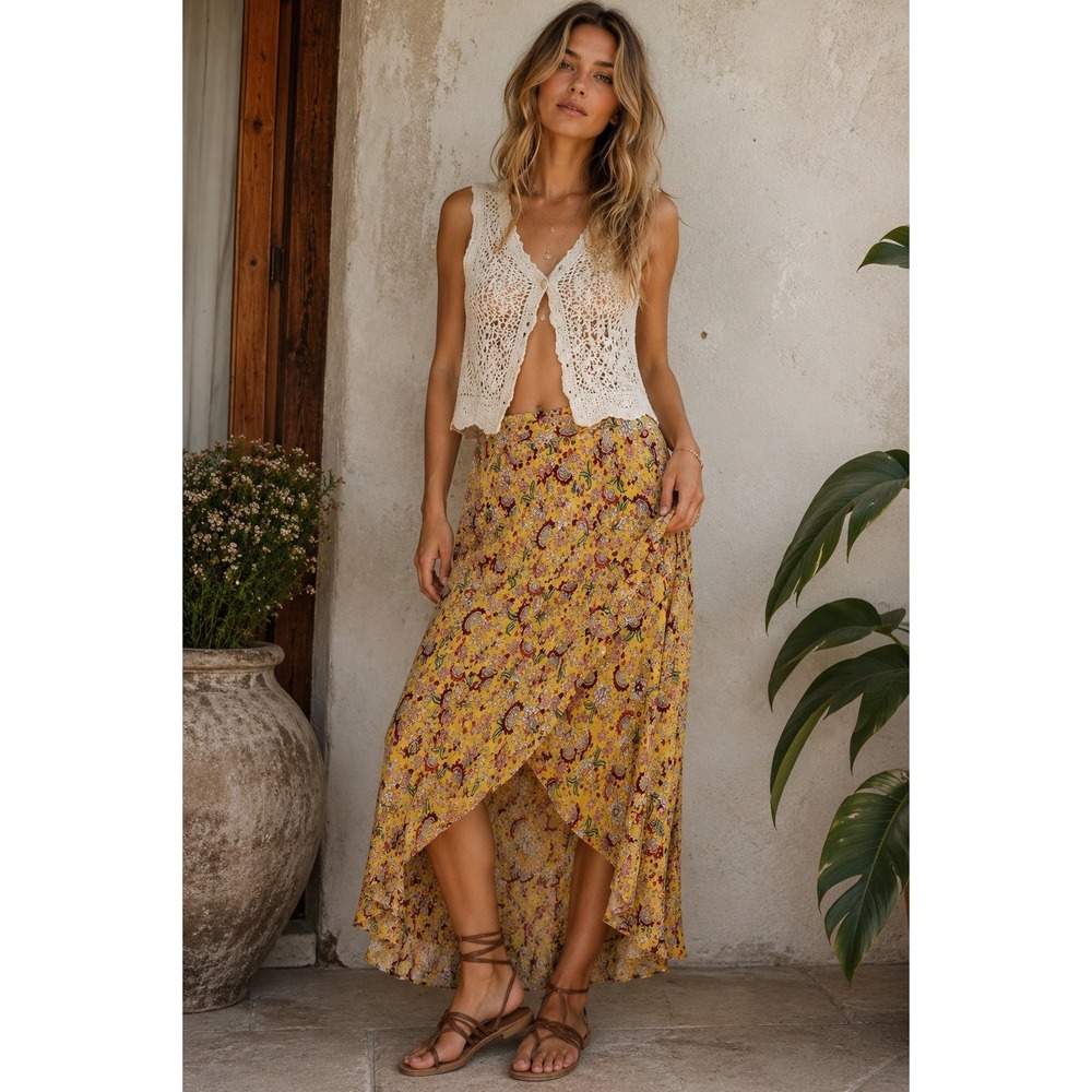 Sanctuary Mustard Yellow Floral Paisley High Low Wrap Maxi Skirt‎ Womens Medium